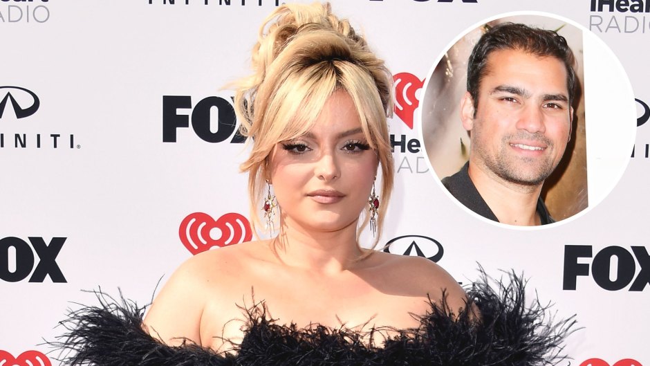 Bebe Rexha posing in a black dress on the red carpet and an inset of Keyan Safyari