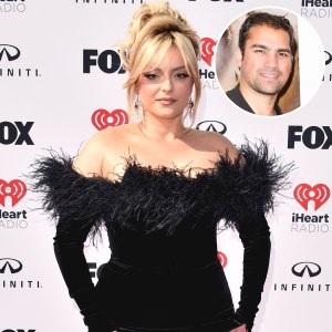 Bebe Rexha posing in a black dress on the red carpet and an inset of Keyan Safyari