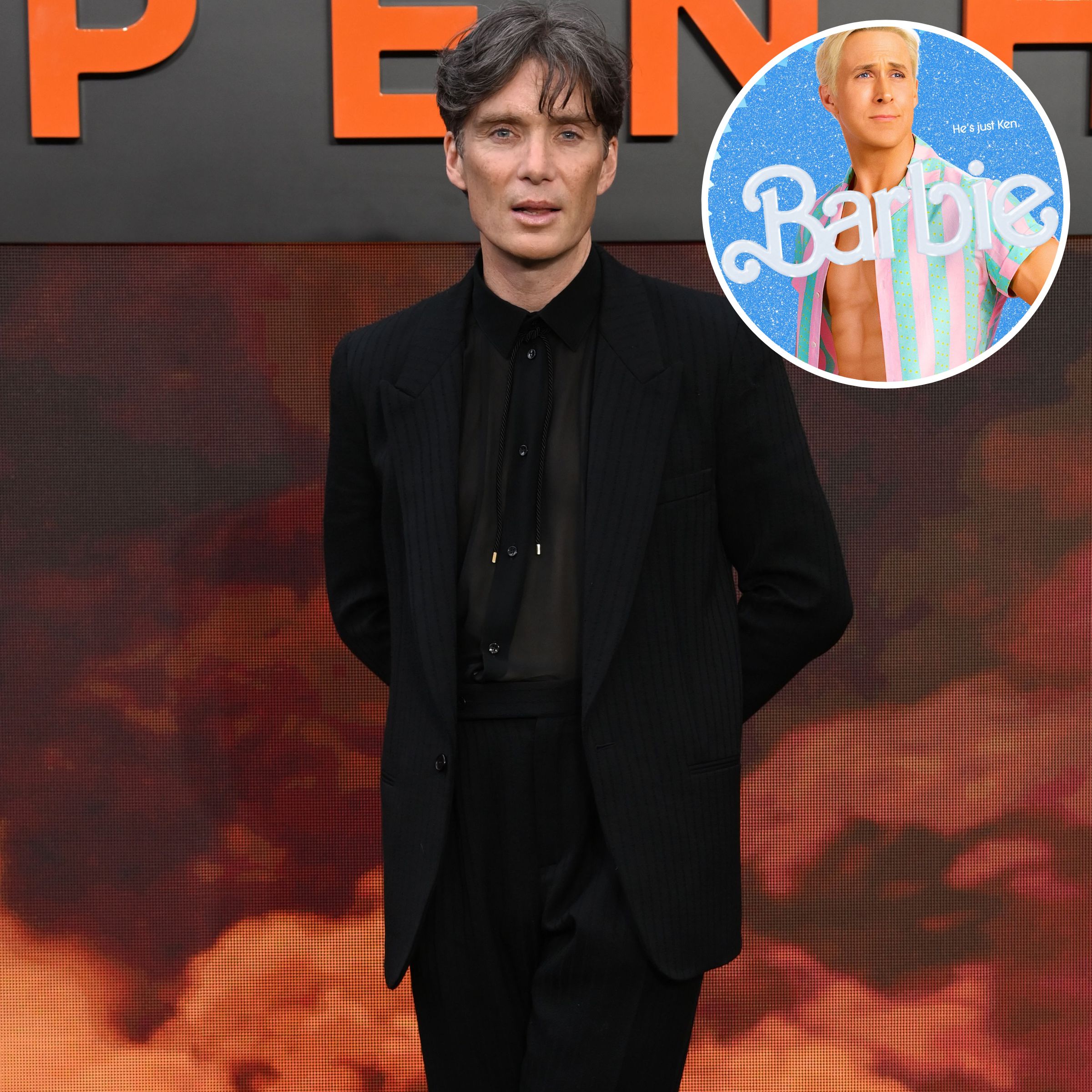 Cillian Murphy at the London Oppenheimer premiere and an inset of Ryan Gosling as Ken in Barbie