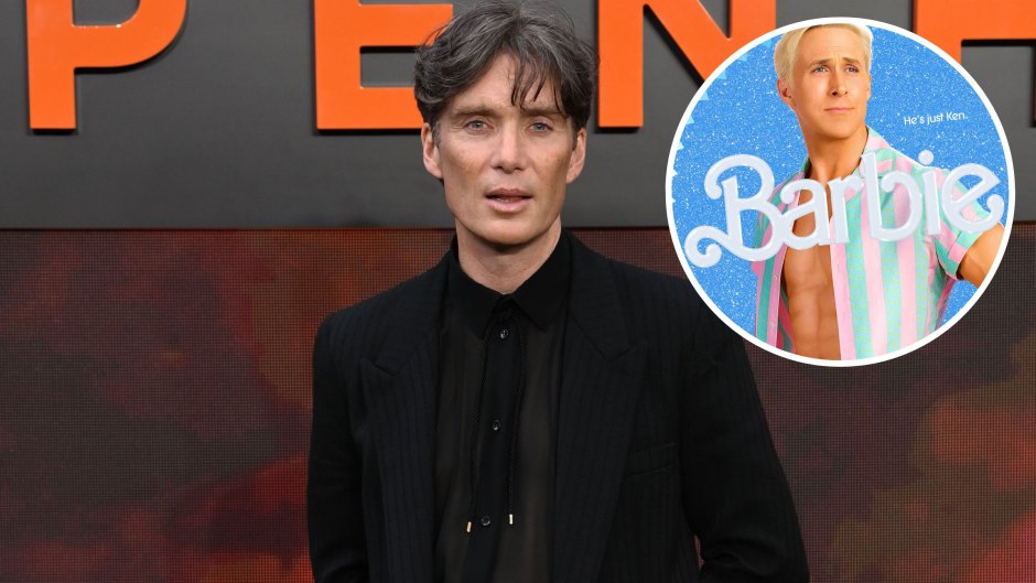 Cillian Murphy at the London Oppenheimer premiere and an inset of Ryan Gosling as Ken in Barbie