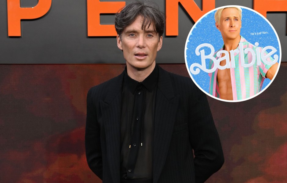 Cillian Murphy at the London Oppenheimer premiere and an inset of Ryan Gosling as Ken in Barbie
