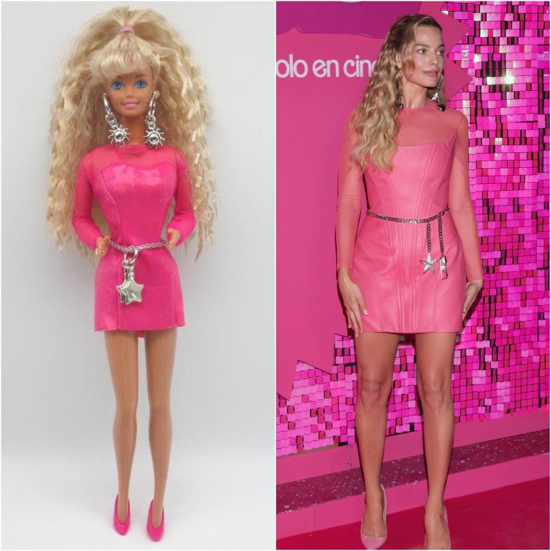 Margot Robbie dressed in an Earrings Barbie-inspired outfit