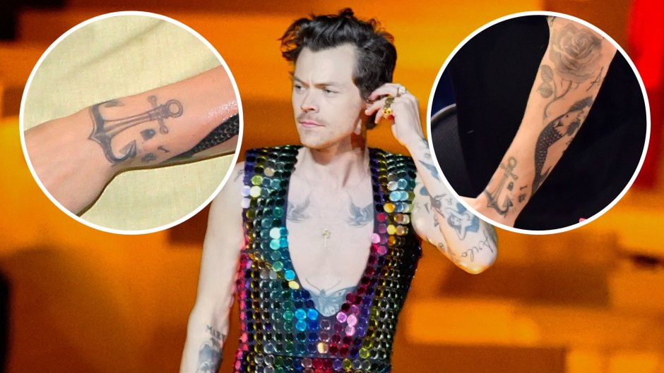 An image of Harry Styles performing at Coachella, and one inset of his anchor tattoo and another inset of his left forearm tattoos