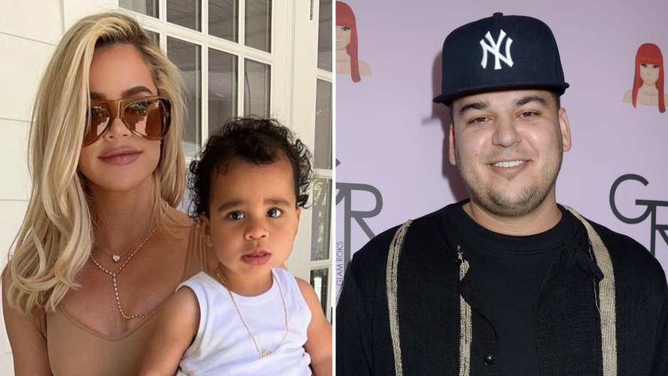 Khloe Kardashian holding her son, Tatum, (left) a photo of Rob Kardashian wearing a Yankees baseball cap (right)