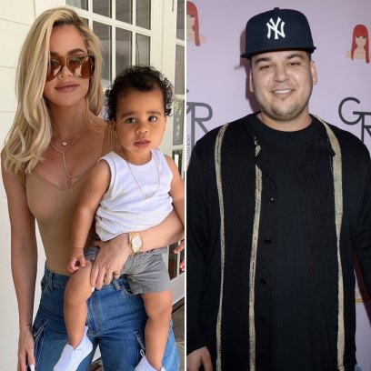 Khloe Kardashian holding her son, Tatum, (left) a photo of Rob Kardashian wearing a Yankees baseball cap (right)