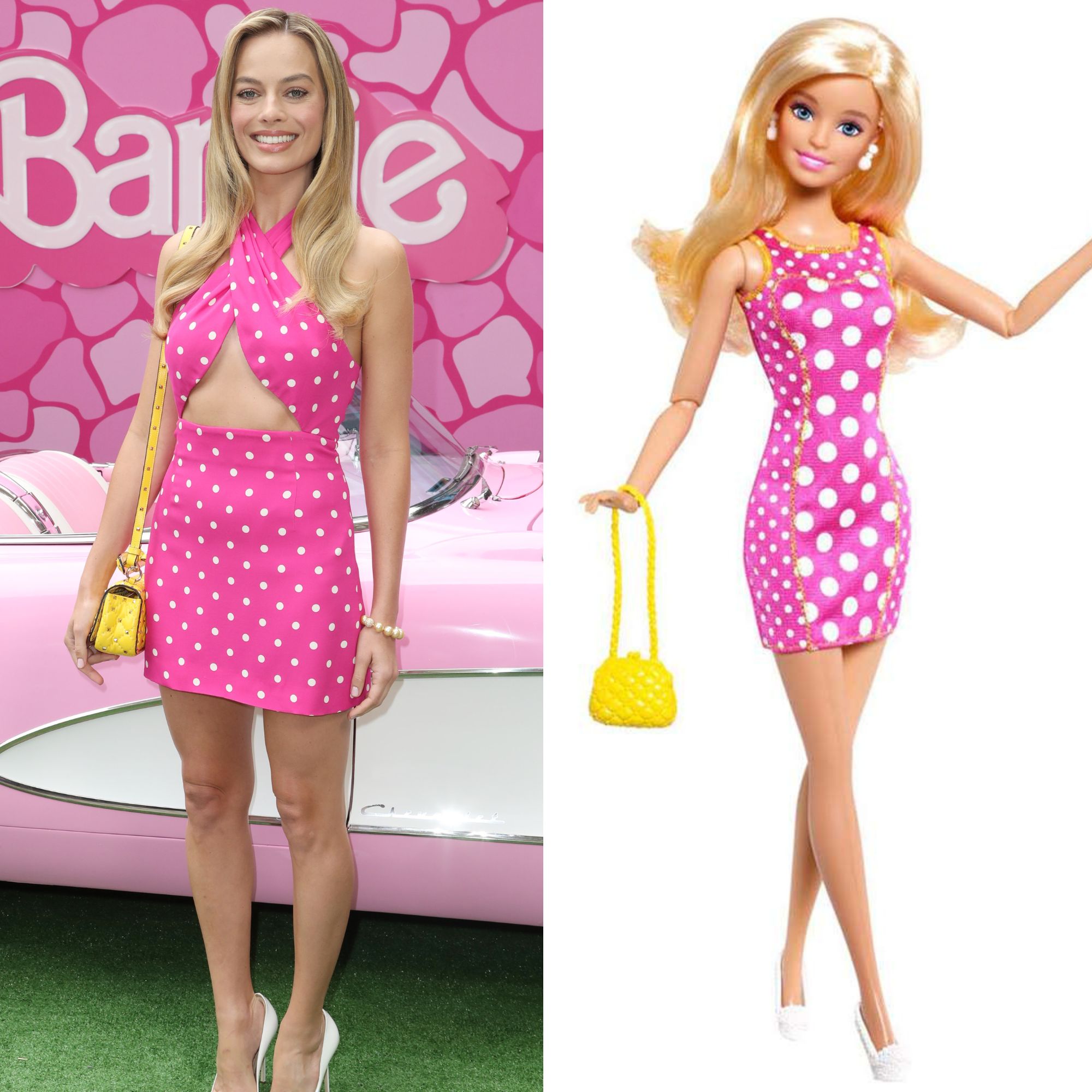 Margot Robbie wearing a pink polka-dot Barbie inspired outfit