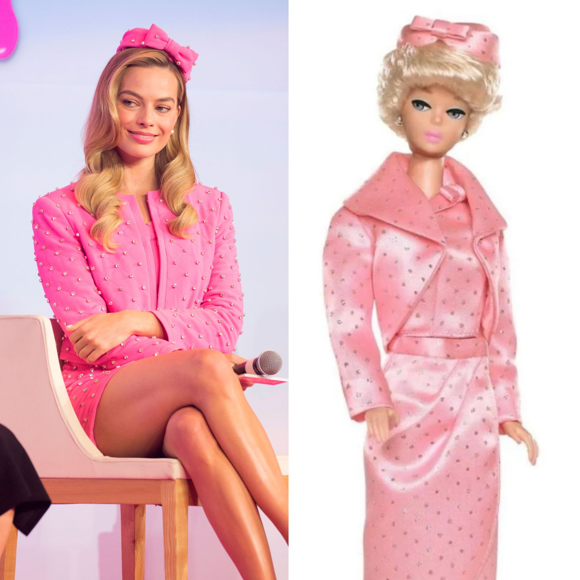 Margot Robbie sitting down wearing a pink outfit and a 1960s Barbie doll