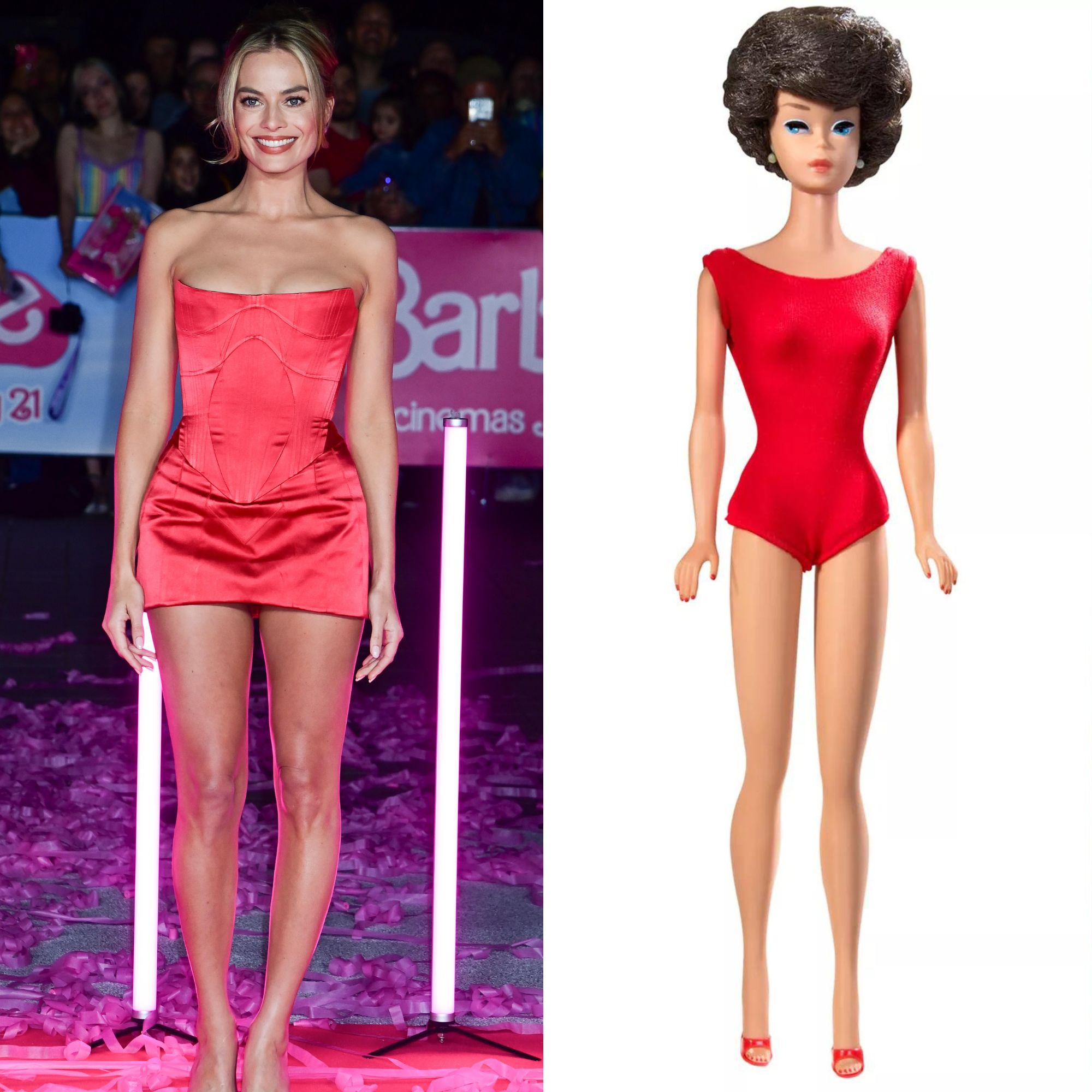 Margot Robbie wearing a red mini dress at a Barbie premiere and 1960s Barbie doll