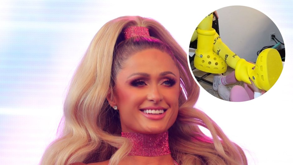 Paris Hilton on stage at Dreamland Pride and an inset of her Instagram video wearing yellow Crocs boots