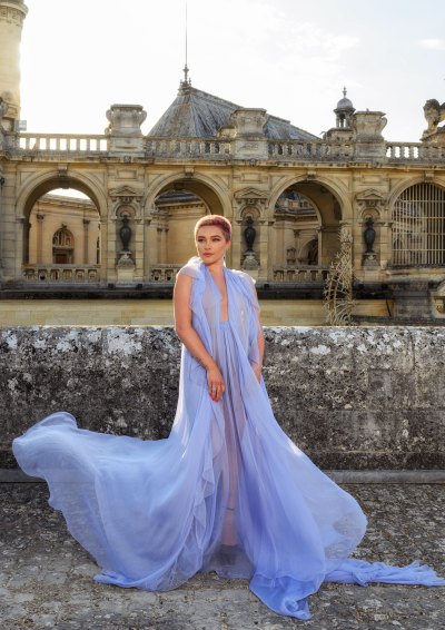 Florence Pugh Braless in Sheer Dress at Paris Fashion Week