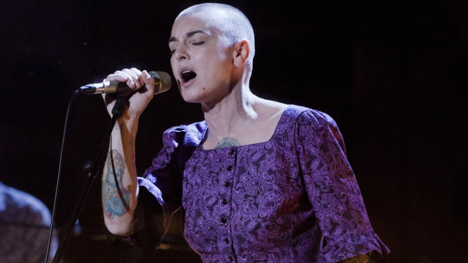 Sinead O'Connor singing on stage wearing a purple dress
