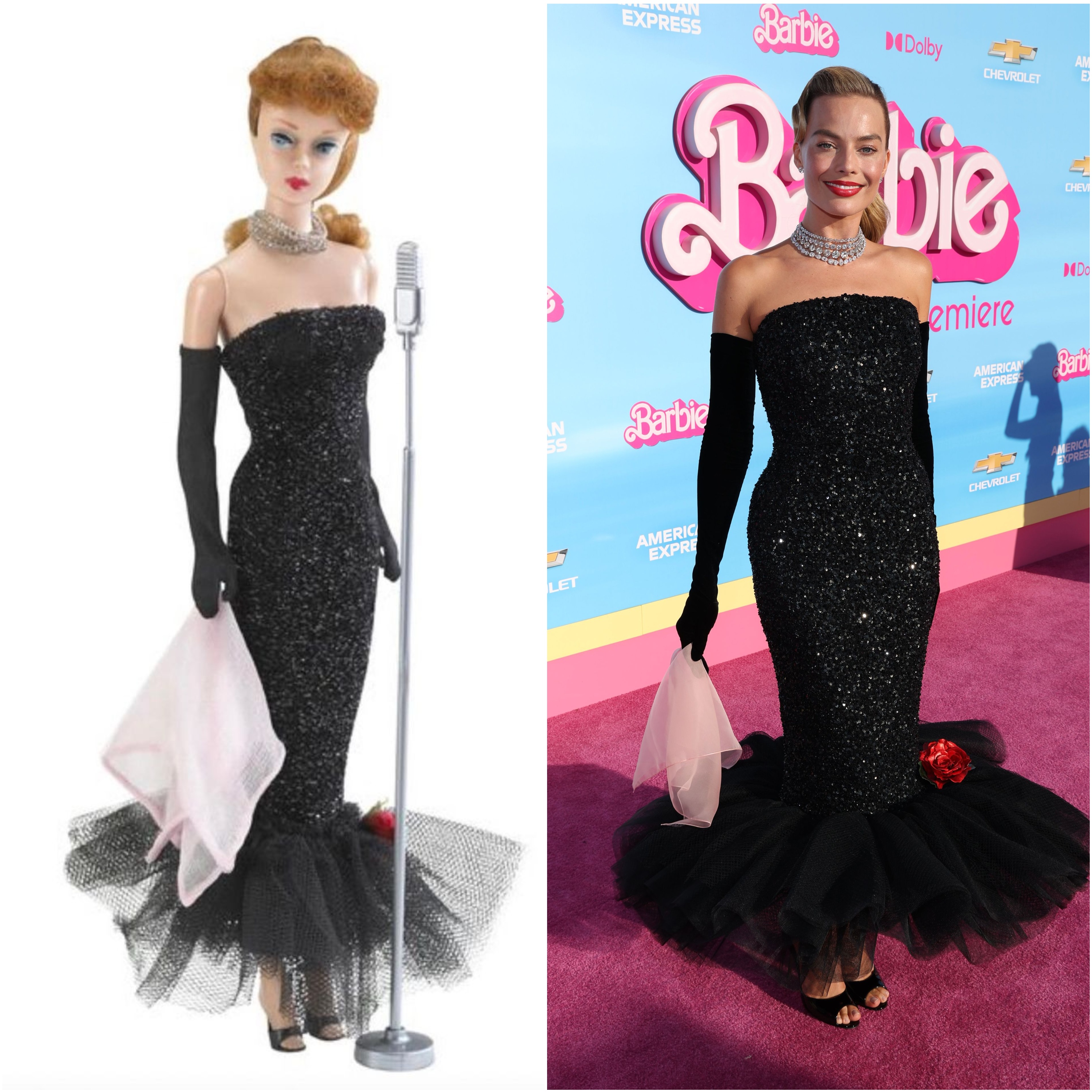 Margot Robbie dressed in a Solo in the Spotlight Barbie-inspired outfit