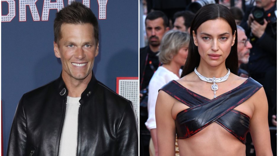 (L) Tom Brady smiles in a black leather jacket, white T-shirt and black pants. (R) Irina Shayk shows off her bare stomach in black and red leather X-shaped top and matching skirt
