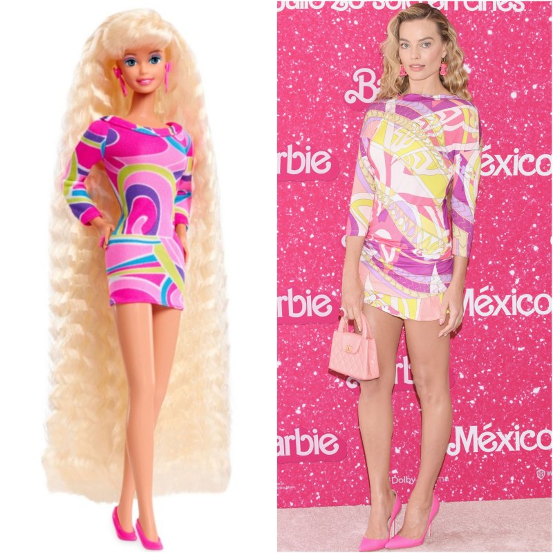 Margot Robbie dressed in a Totally Hair Barbie-inspired outfit