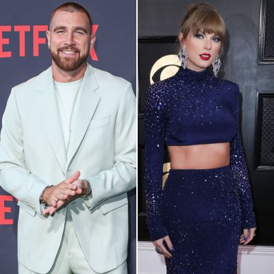 Travis Kelce wearing a mint green suit on the red carpet (left) Taylor Swift wearing a two-piece midnight blue dress at the Grammy Awards (right)