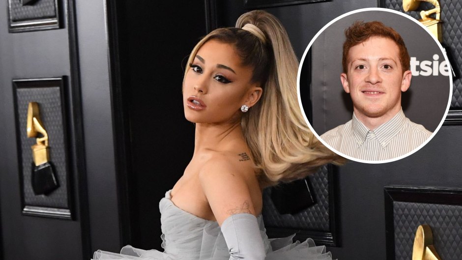 Ariana Grande posing in a gray tulle gown and an inset of Ethan Slater