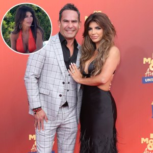 Teresa Giudice posing at the MTV Movie Awards with husband Luis Ruelas and an inset of Teresa wearing an orange bikini top
