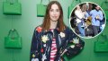 Whitney Port posing at Kate Spade in a floral jacket and an inset of Whitney carrying her son, Sonny, next to husband Tim Rosenman