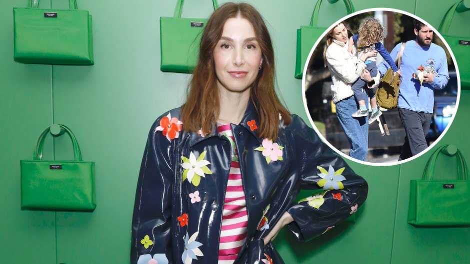 Whitney Port posing at Kate Spade in a floral jacket and an inset of Whitney carrying her son, Sonny, next to husband Tim Rosenman