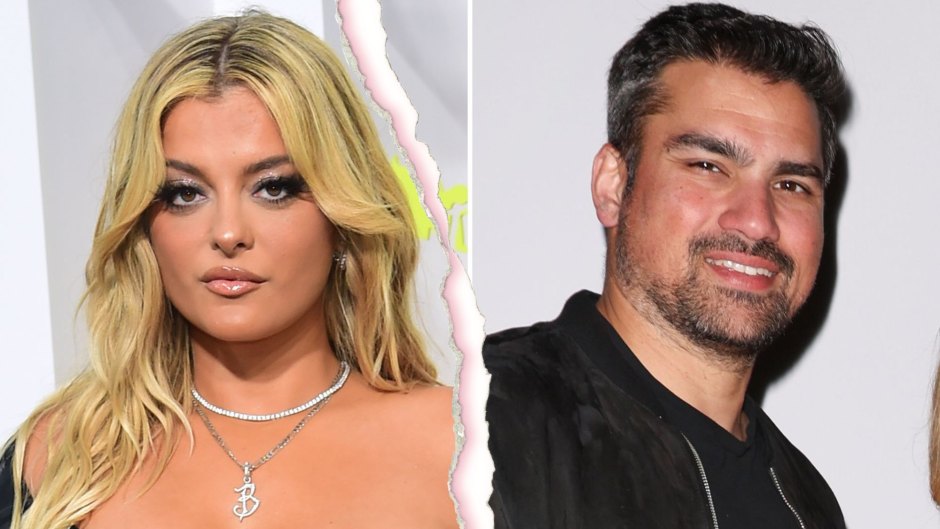 A split image of Bebe Rexha (left) wearing a black gown and a silver necklace with the letter B and her ex-boyfriend Keyan Safyari (right) wearing a black bomber jacket on the red carpet