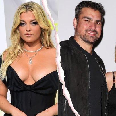 A split image of Bebe Rexha (left) wearing a black gown and a silver necklace with the letter B and her ex-boyfriend Keyan Safyari (right) wearing a black bomber jacket on the red carpet