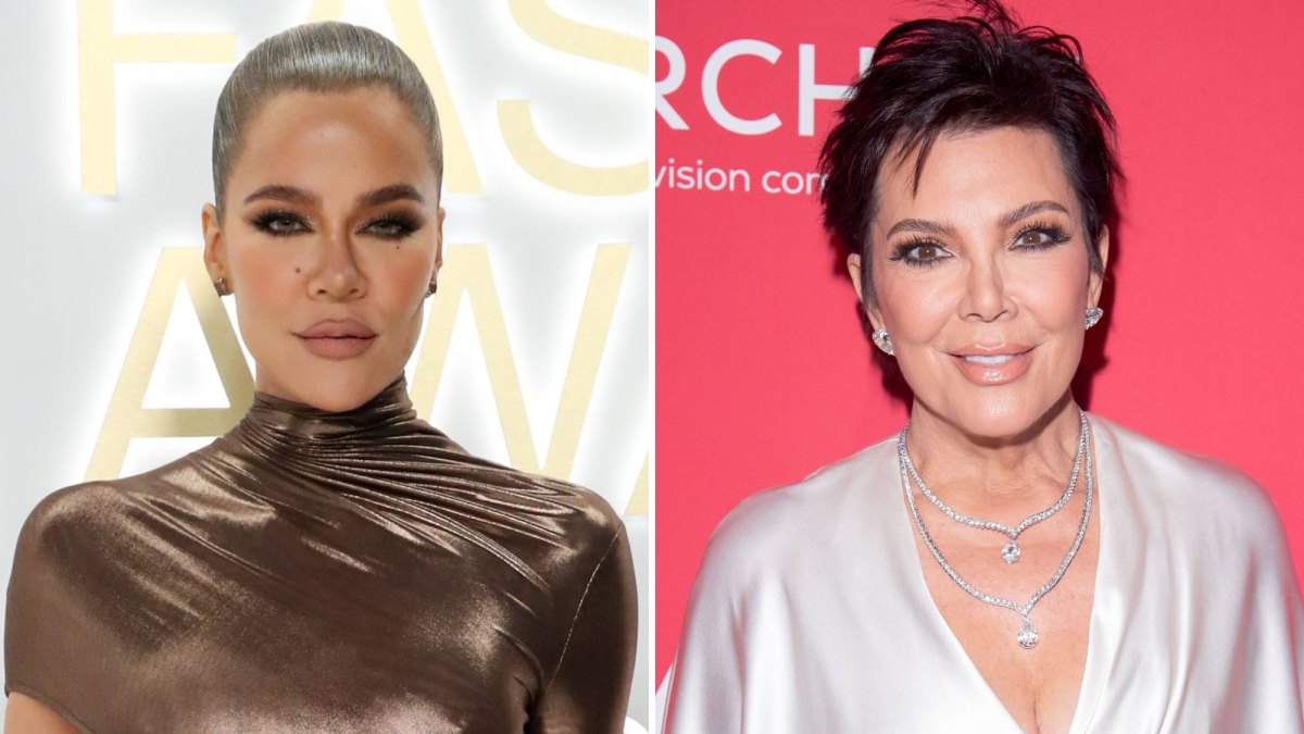 (left) Khloe Kardashian wearing a metallic cut-out dress (right) Kris Jenner wearing a white satin V-neck dress