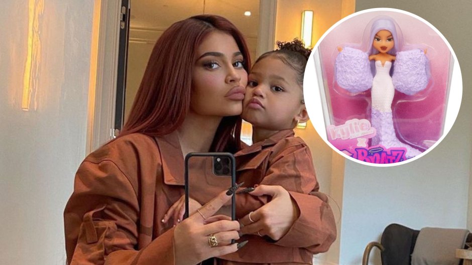Kylie Jenner taking a selfie of her and daughter Stormi Webster and an inset of a Kylie x Bratz doll