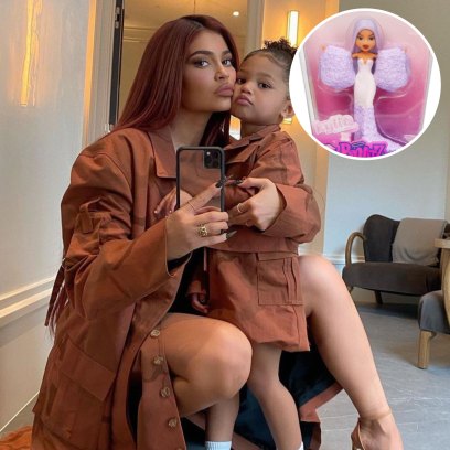 Kylie Jenner taking a selfie of her and daughter Stormi Webster and an inset of a Kylie x Bratz doll