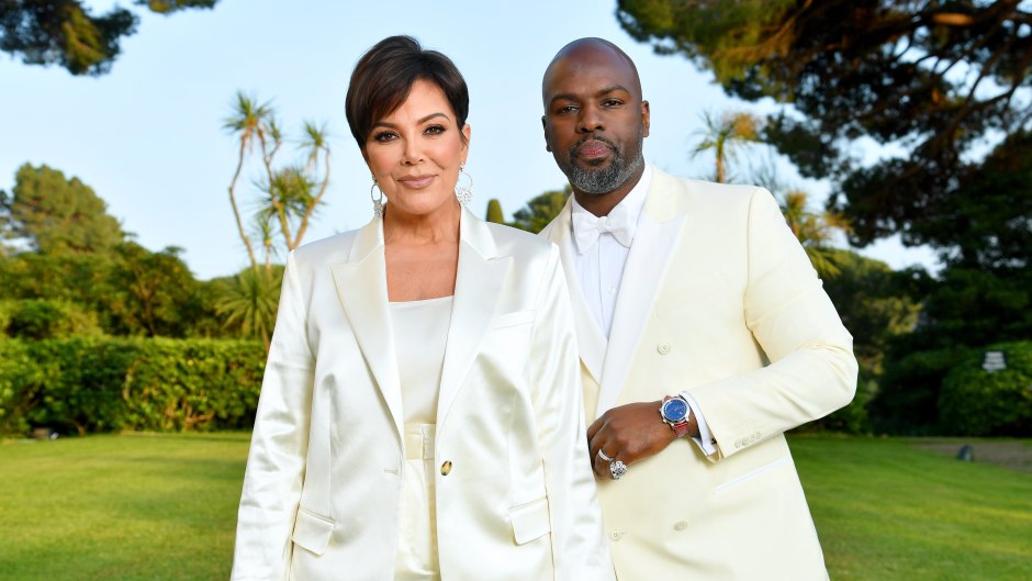 Kris Jenner and Corey Gamble in matching white suits in Cap d'Antibes, France.
