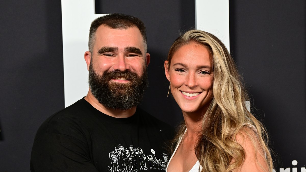 Jason Kelce and Kylie Kelce pose at the premiere of the Amazon Prime documentary 'Kelce'