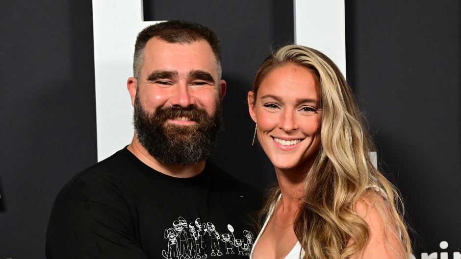 Jason Kelce and Kylie Kelce pose at the premiere of the Amazon Prime documentary 'Kelce'