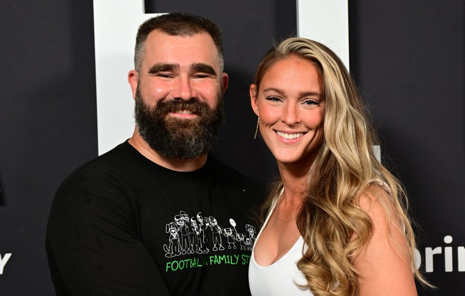 Jason Kelce and Kylie Kelce pose at the premiere of the Amazon Prime documentary 'Kelce'