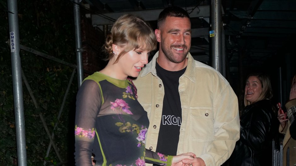 Travis Kelce and Taylor Swift holding hands. Travis recently skipped the first night of Taylor Swift's Eras tour in Argentina in favor of attending Patrick Mahomes' charity gala.