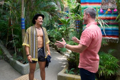 Brayden Bowers wearing shorts and an unbuttoned shirt as he arrives to Bachelor in Paradise.