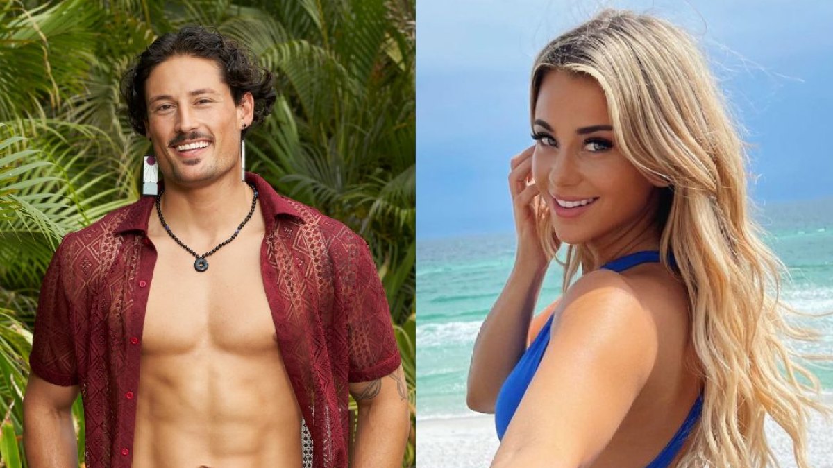 Brayden Bowers posing for a promo pic for Bachelor in Paradise and Christina Mandrell wearing a blue bathing suit at the beach.
