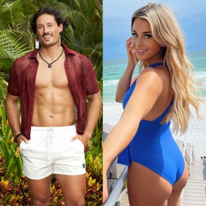 Brayden Bowers posing for a promo pic for Bachelor in Paradise and Christina Mandrell wearing a blue bathing suit at the beach.