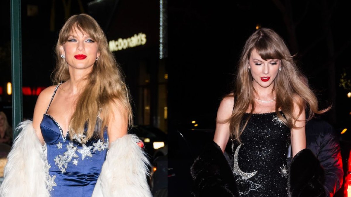 Taylor Swift wearing a blue dress with a white coat next to a photo of her wearing a black dress with a silver moon