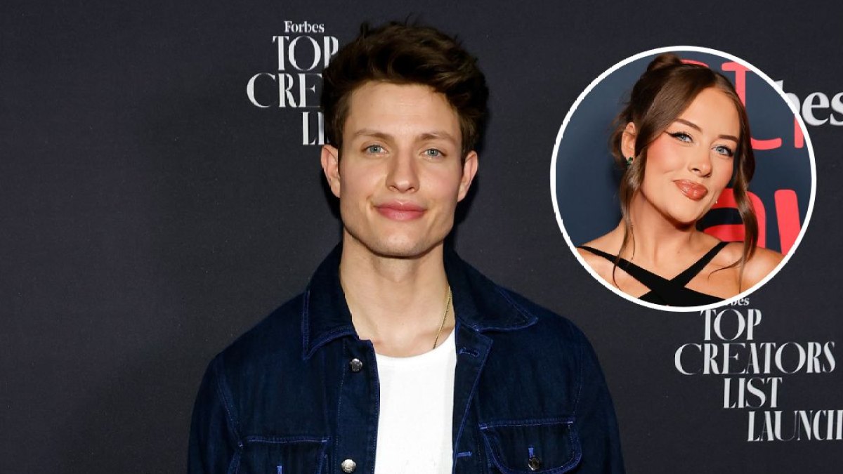 Matt Rife wearing a white tshirt and black jacket with an inset photo of Brooke Schofield in a black dress.