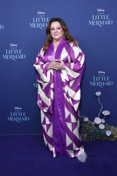Melissa McCarthy wearing a purple and white gown at 'The Little Mermaid' premiere in Australia.