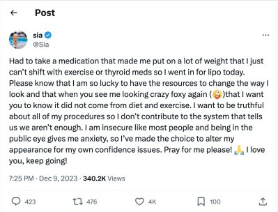 Sia Reveals Liposuction After Putting On ‘a Lot of Weight’