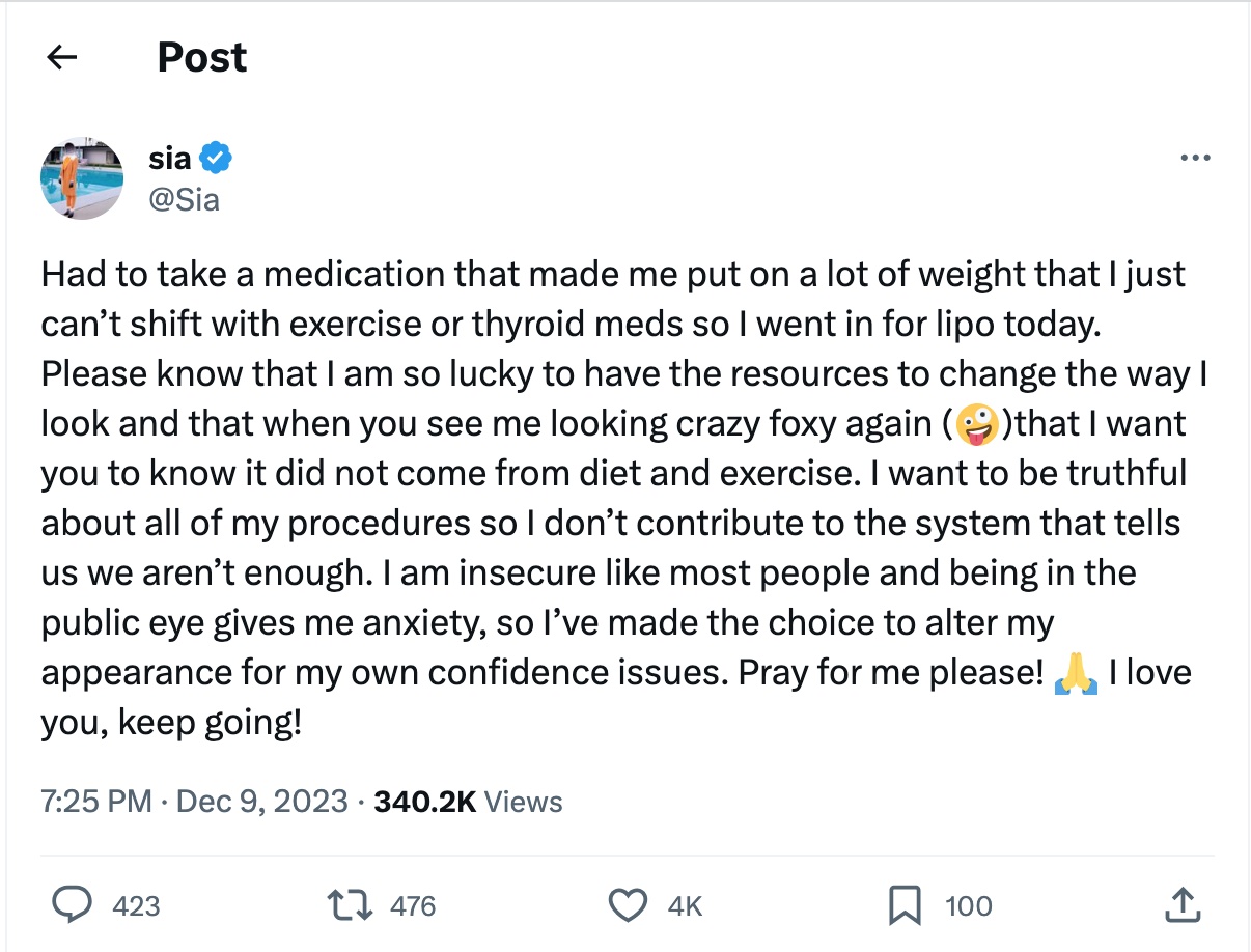 Sia Reveals Liposuction After Putting ​On &lsquo;a Lot of Weight&rsquo;