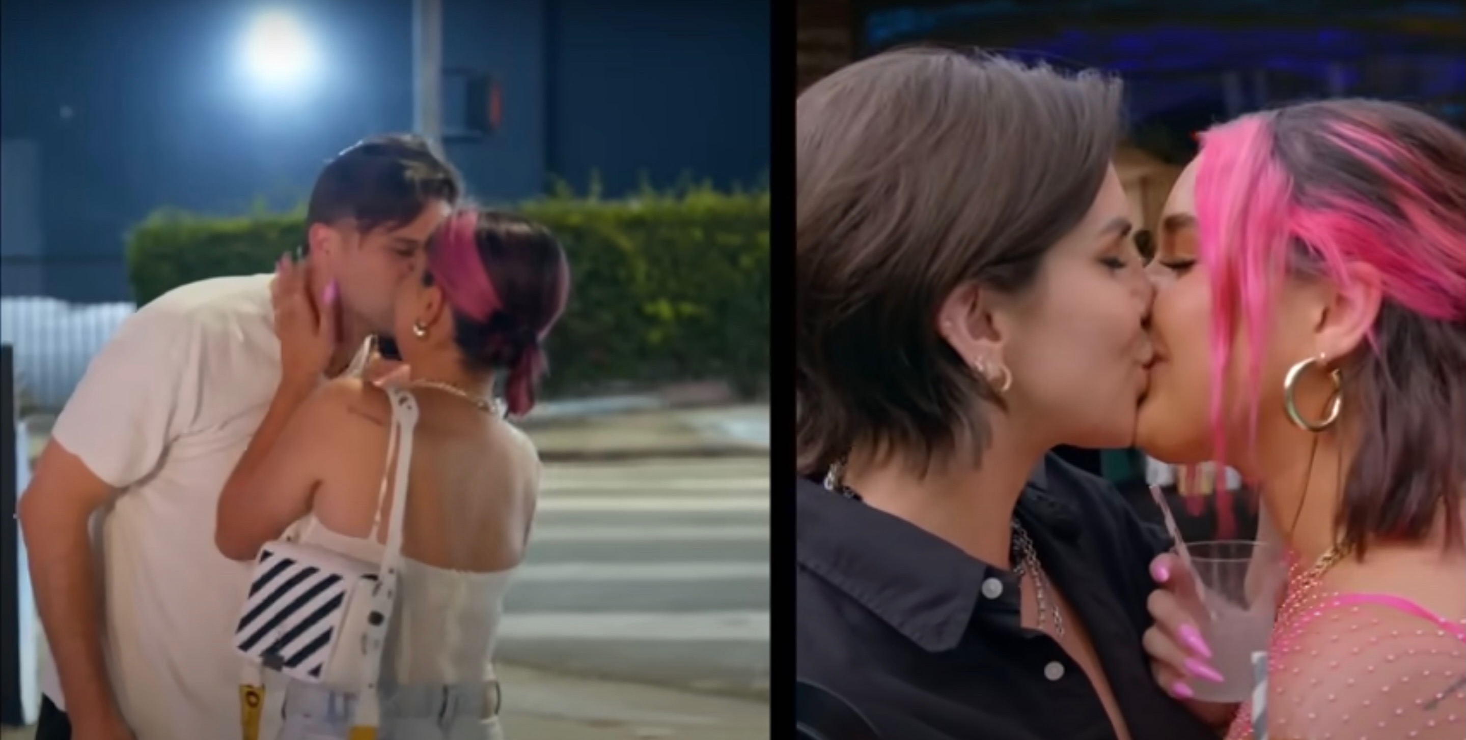 Side by side shots of Tom Schwartz and Katie Maloney kissing Tori Keeth