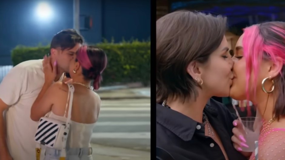 Side by side shots of Tom Schwartz and Katie Maloney kissing Tori Keeth