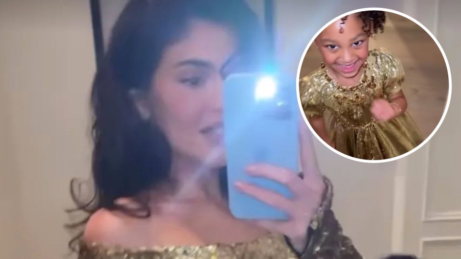 kylie jenner stormi twin in gold christmas dresses