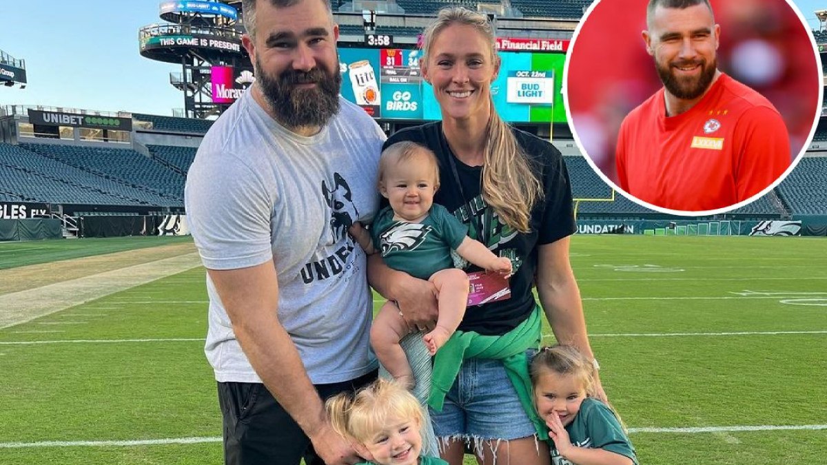 Jason Kelce, Kylie Kelce and their daughters and Travis Kelce