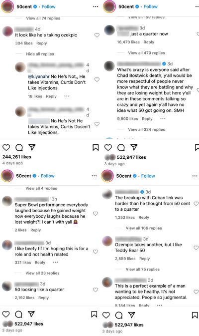 Screenshots of comments on 50 Cent's Instagram