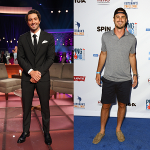 Joey Graziadei wears a suit on stage, Ben Higgins wears a gray shirt and dark shorts.