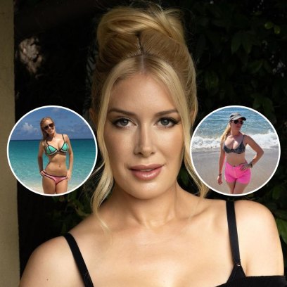 Heidi Montag poses for a photo in all black with two inset photos of ner in a bikini on either side of her face.