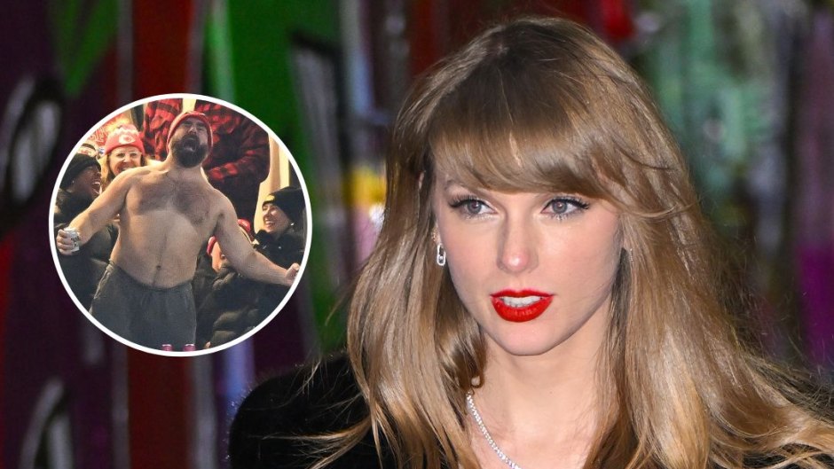 Taylor Swift wearing a black coat next to an inset photo of Jason Kelce not wearing a shirt at the Chiefs game.