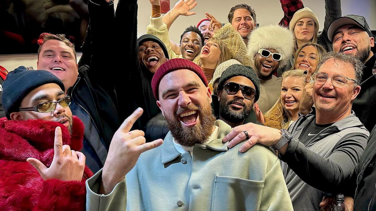 Travis Kelce's Childhood Friend Aric Jones Hangs With Taylor Swift and Kylie Kelce at Playoff Game